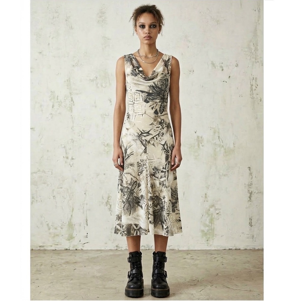 Amanda Lane Abstract Print Cowl Neck Asymetrical‎ Midi Dress, 8 Fairy Grunge